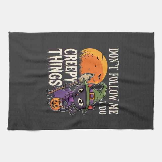 Skrämmande saker Halloween Katt Häxa Design_1 Kökshandduk (Horisontell)