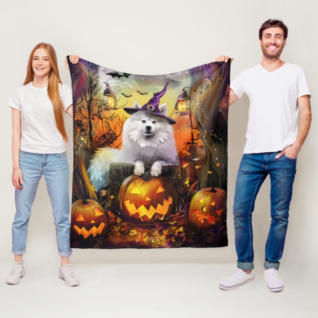 Skrämmande Samojed Hund Halloween Häxa Och Pumpa Fleecefilt (På plats)