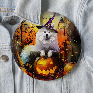 Skrämmande Samojedhund Halloweenhäxa Och Pumpa Knapp