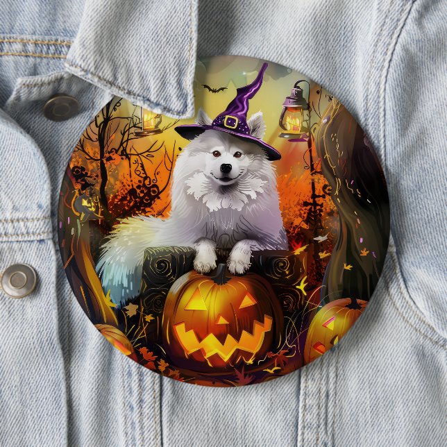 Skrämmande Samojedhund Halloweenhäxa Och Pumpa Knapp (In Situ)