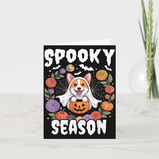 Skrämmande säsong Corgi Hund Spöke Pumpa Halloween Kort (Framsida)
