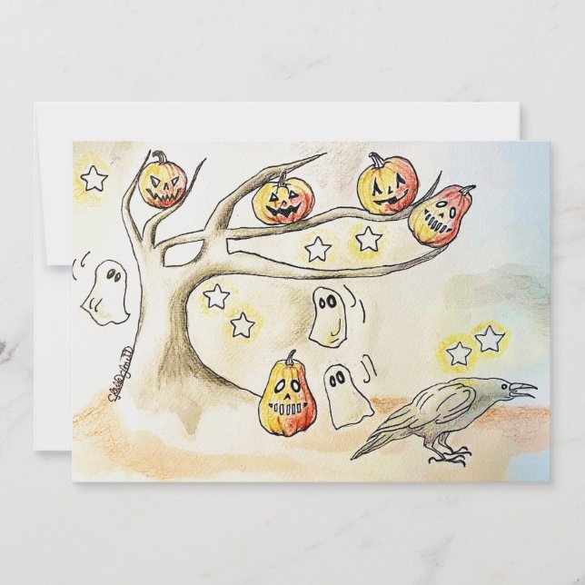 Skrämmande säsongs konst, Halloween-träd Julkort (Framsida)