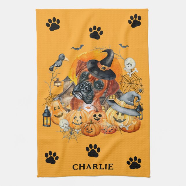 Skrämmande säsongsboxare Halloween-pumpa anpassad  Kökshandduk (Vertikal)