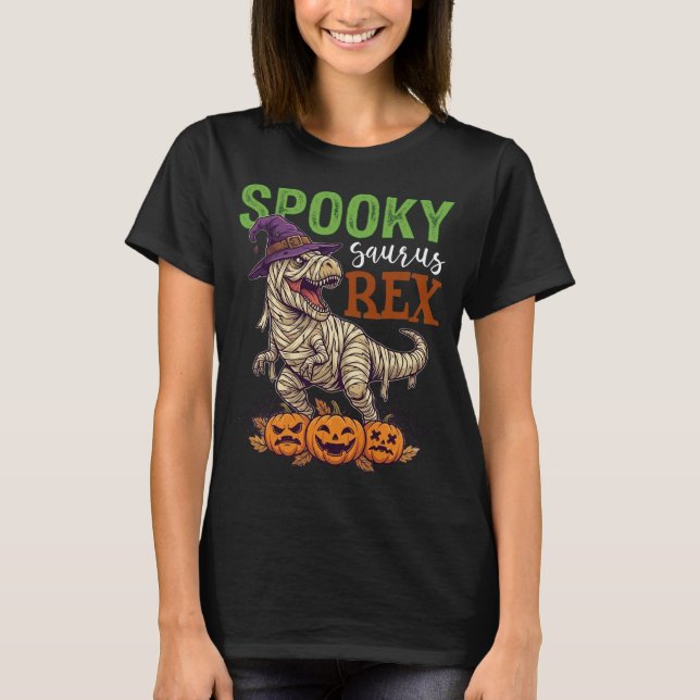 Skrämmande Saurus Rex Mummy Dinosaur Häxa Hatt Pum T Shirt (Framsida)