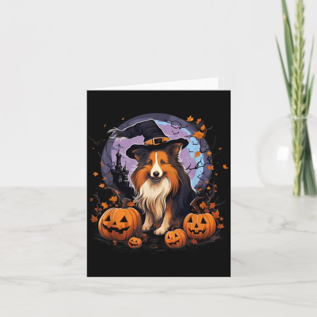Skrämmande Sheltie Hund Häxa Halloween Kort (Framsida)