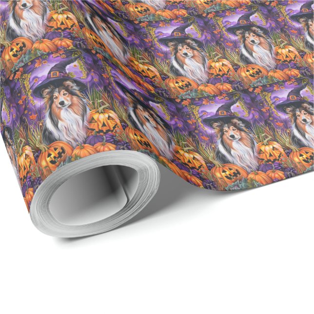 Skrämmande Shetlands Sheepdog Halloween-häxa Pumpa Presentpapper (Rulle Hörn)