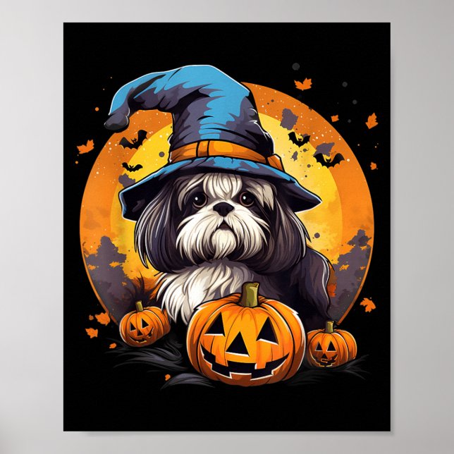 Skrämmande Shih Tzu Hund Häxa Halloween Poster (Framsidan)