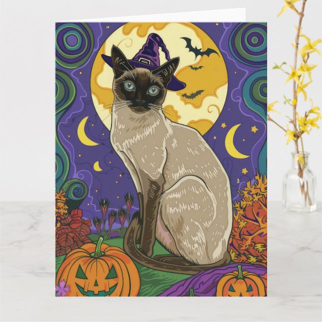 Skrämmande siamesisk katt Halloween-häxa och pumpa Kort (Gul blomma)