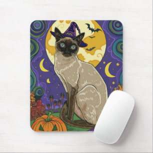 Skrämmande siamesisk katt Halloween-häxa och pumpa Musmatta