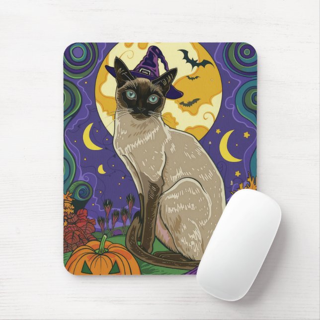 Skrämmande siamesisk katt Halloween-häxa och pumpa Musmatta (Med mus)