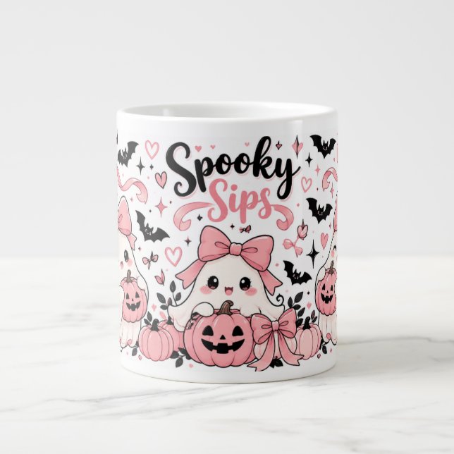 Skrämmande Sips Rosa Coquette Halloween Spöken Båg Jumbo Mugg (Framsidan)