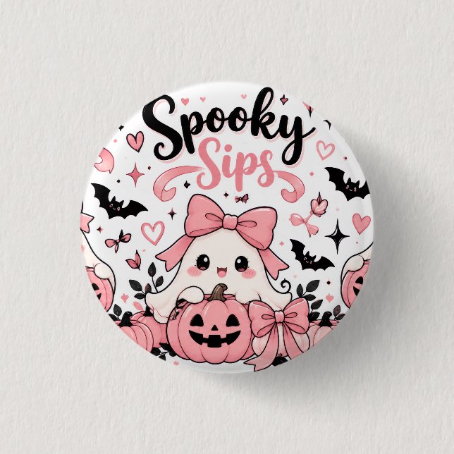 Skrämmande Sips Rosa Coquette Halloween Spöken Båg Knapp (Framsida)