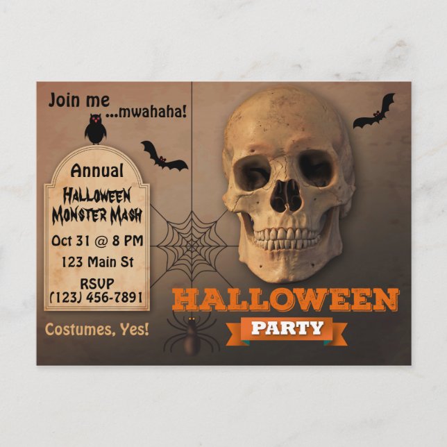 Skrämmande skalle, fladdermöss och spindel Hallowe Inbjudan Vykort (Framsida)