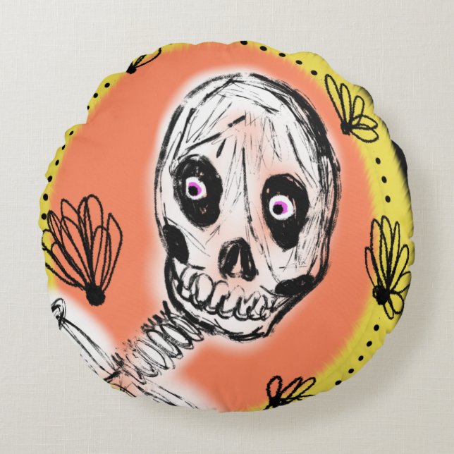 Skrämmande skelett Halloween-klotter    Rund Kudde (Framsidan)