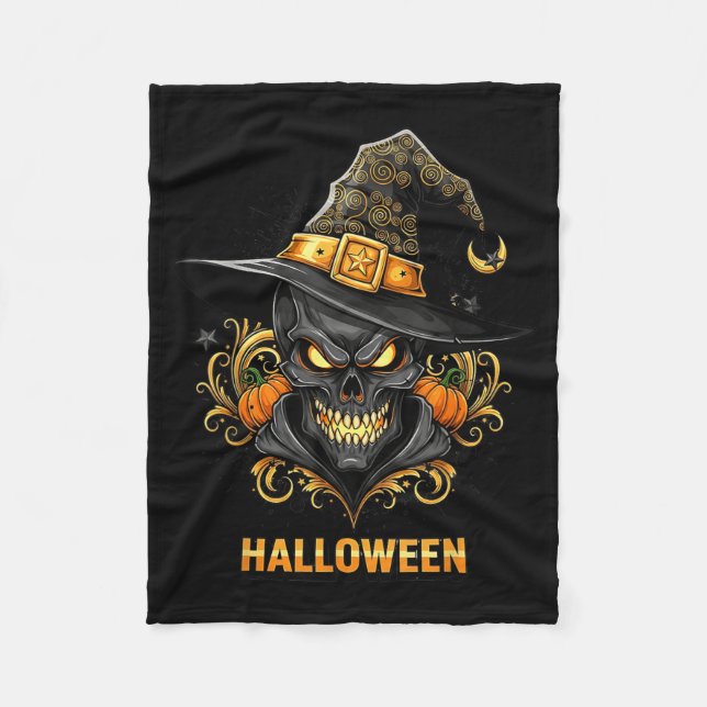 Skrämmande Skelett Häxa Hatt Halloween Skräck Kost Fleecefilt (Framsidan)