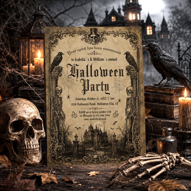 Skrämmande skelett Korpar Spökhus Halloween Inbjudningar (Skapare uppladdad)