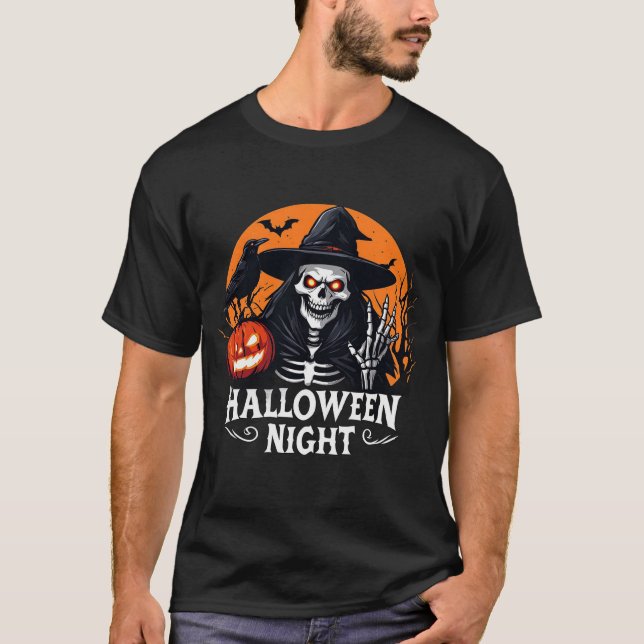 Skrämmande skelett med glödande pumpa-häxa 🎃 t shirt (Framsida)