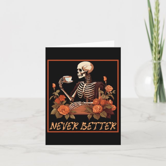 Skrämmande skelett med kaffe och blommor Halloween Kort (Framsida)