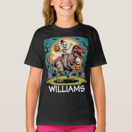 Skrämmande skelett och mumie T-Rex Halloween-desig T Shirt