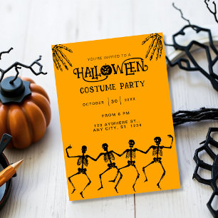 Skrämmande skelett Orange & svart Halloween-fest Inbjudningar