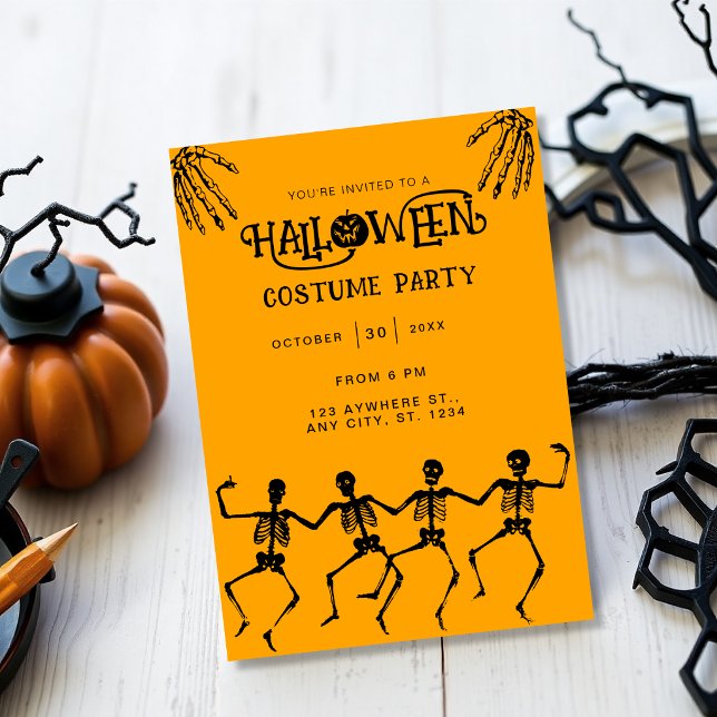 Skrämmande skelett Orange & svart Halloween-fest Inbjudningar (Skapare uppladdad)