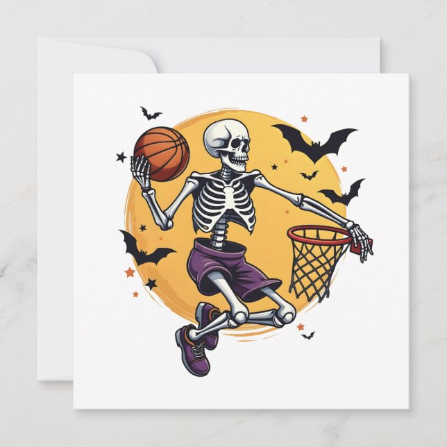 Skrämmande skelett som dunkar basket på en Hallowe Inbjudningar (Framsida)