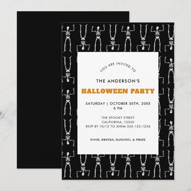 Skrämmande skelettmönster Svart Halloween-fest Inbjudningar (Fram/baksida)