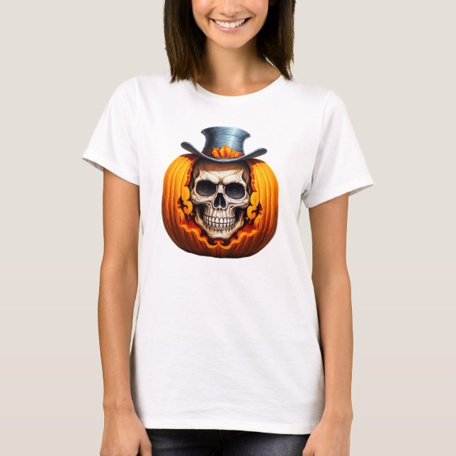 Skrämmande skelettpumpa topp hatt ben Halloween T Shirt (Framsida)