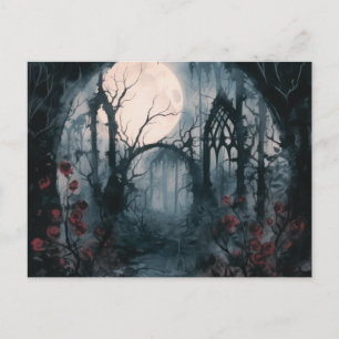 Skrämmande skog fullmåne röda rosor Halloween Helg Vykort