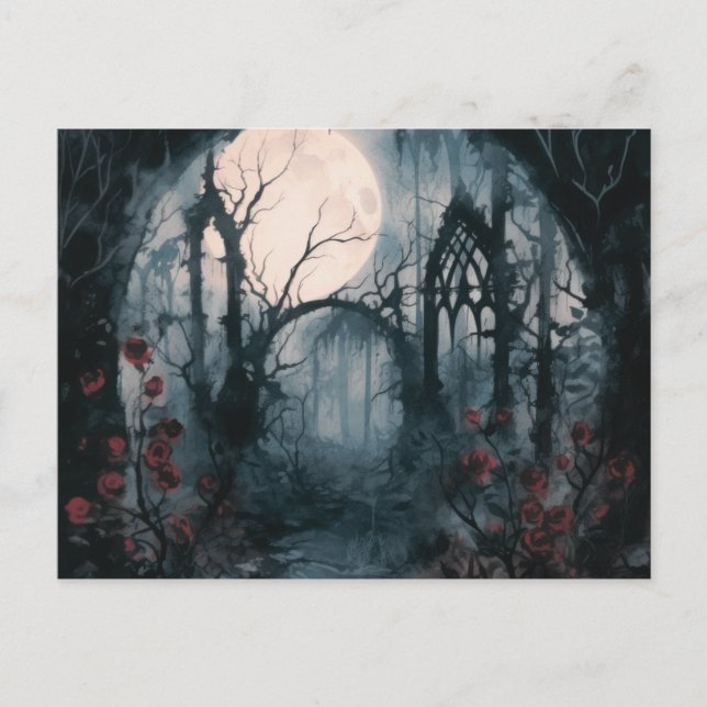 Skrämmande skog fullmåne röda rosor Halloween Helg Vykort (Framsida)