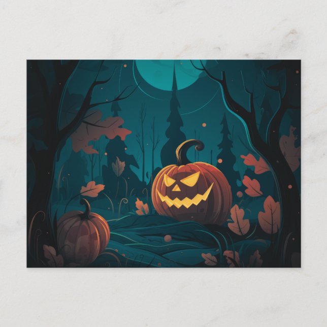 Skrämmande skog med Jack-O' Lanterns Halloween Helg Vykort (Framsida)