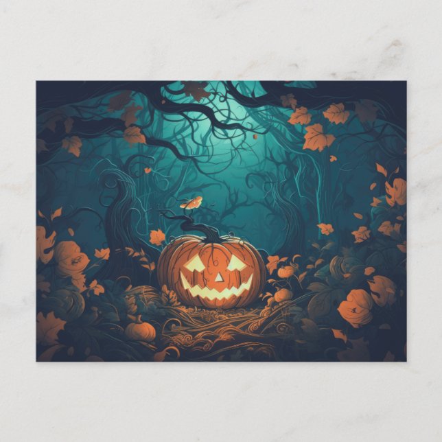 Skrämmande skog med Jack-O' Lanterns Halloween Helg Vykort (Framsida)