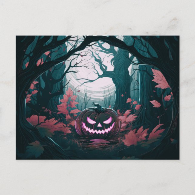 Skrämmande skog med Jack-O' Lanterns Halloween Helg Vykort (Framsida)