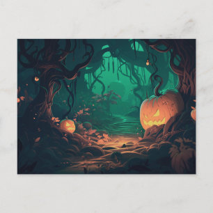 Skrämmande skog med Jack-O' Lanterns Halloween Helg Vykort