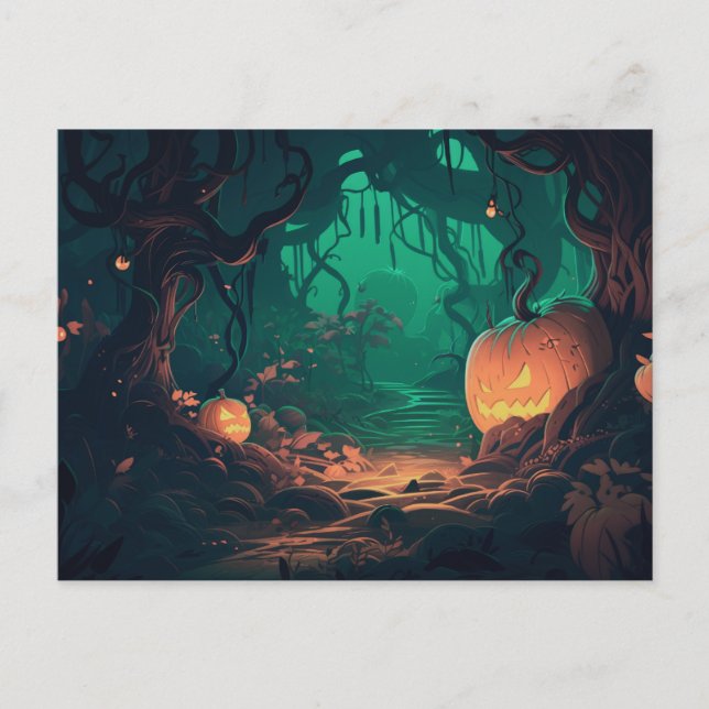 Skrämmande skog med Jack-O' Lanterns Halloween Helg Vykort (Framsida)