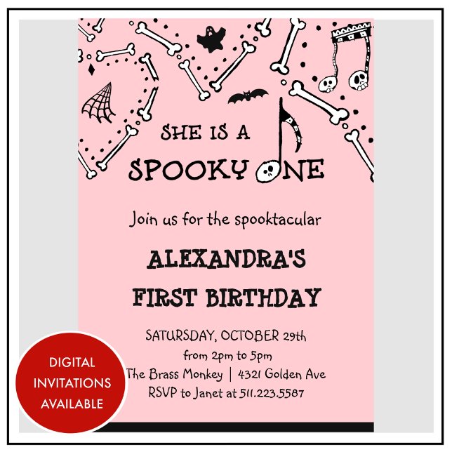 Skrämmande Skrällande Skelett Halloween 1-års föde Inbjudningar (Halloween-1st-birthday-Invitation-Spooky-Spooktacular-Skull-pink-1)