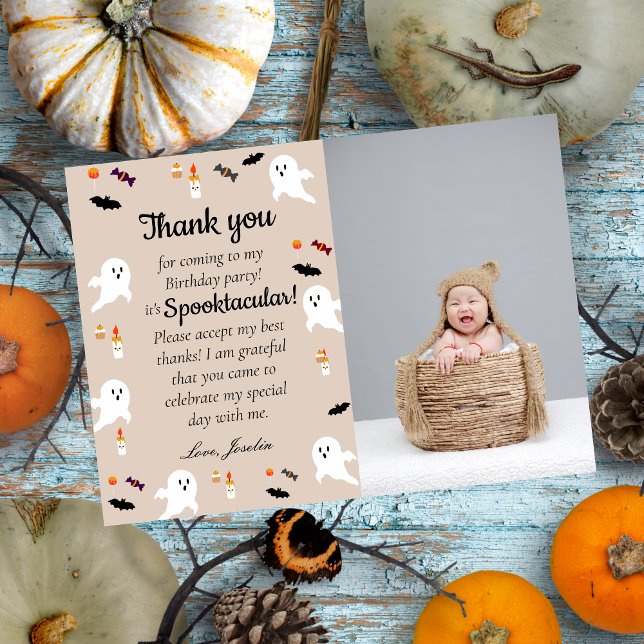 Skrämmande små barn halloween 1-års födelsedag tack kort (Skapare uppladdad)