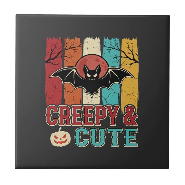 Skrämmande söt Halloween-fladdermus retro-grafik Kakelplatta (Framsidan)