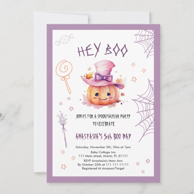 Skrämmande söt Halloween-flicka 5-årsdag Inbjudningar (Framsida)