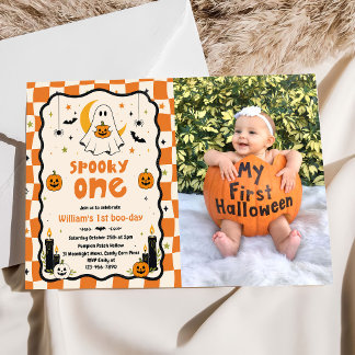 Skrämmande söt Halloween-spöke 1-års födelsedagsfo Inbjudningar