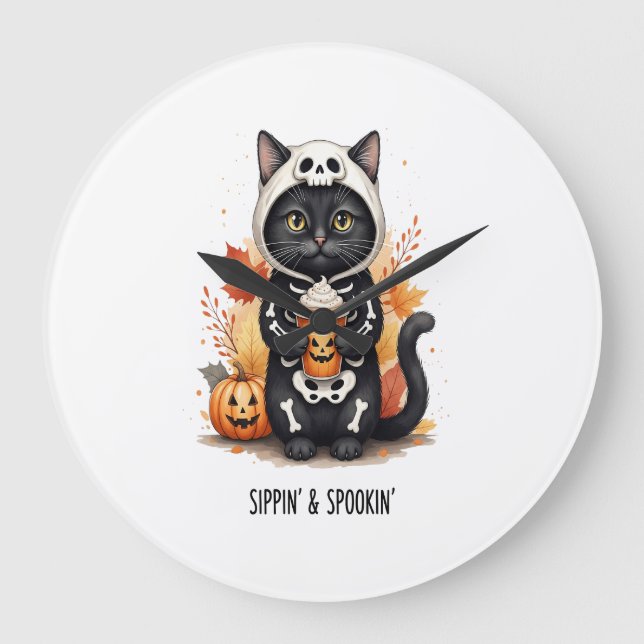 Skrämmande söt katt Halloween Stor Klocka (Framsida)