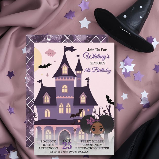 Skrämmande söt lila födelsedag gotisk afro puffs f inbjudningar (Spooky Cute Purple Birthday Gothic Afro Puff Girl Invitation)
