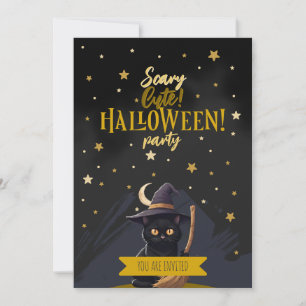 Skrämmande söt svart katt häxa hatt Halloween-fest Inbjudningar