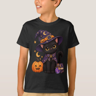 Skrämmande söt svart katt häxhatt pumpa Halloween T Shirt