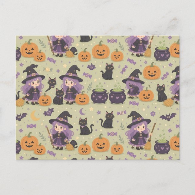 Skrämmande söta Halloween-häxors vykort (Framsida)