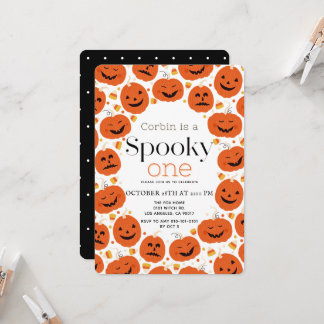 Skrämmande söta Halloween-pumpor 1-års födelsedag Inbjudningar