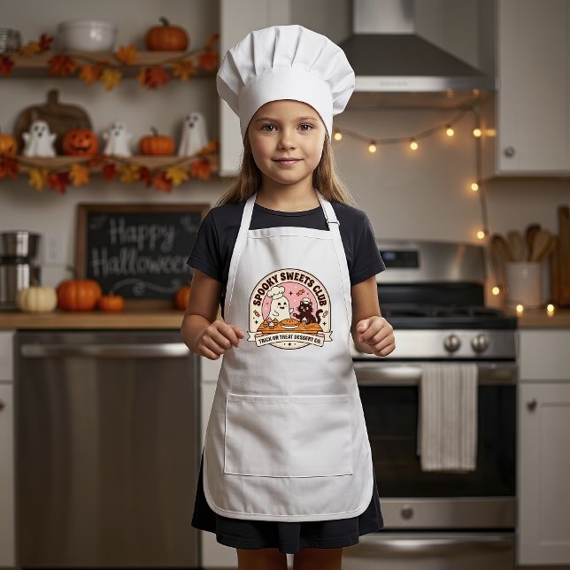 Skrämmande sötsaker klubb spökkatts bakkök barnförkläde (Vintage Spooky Sweets Club ghost and cat baker graphic printed on white kids apron chest)
