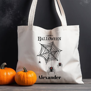 Skrämmande spindlar på webbhalloween trick or trea tygkasse