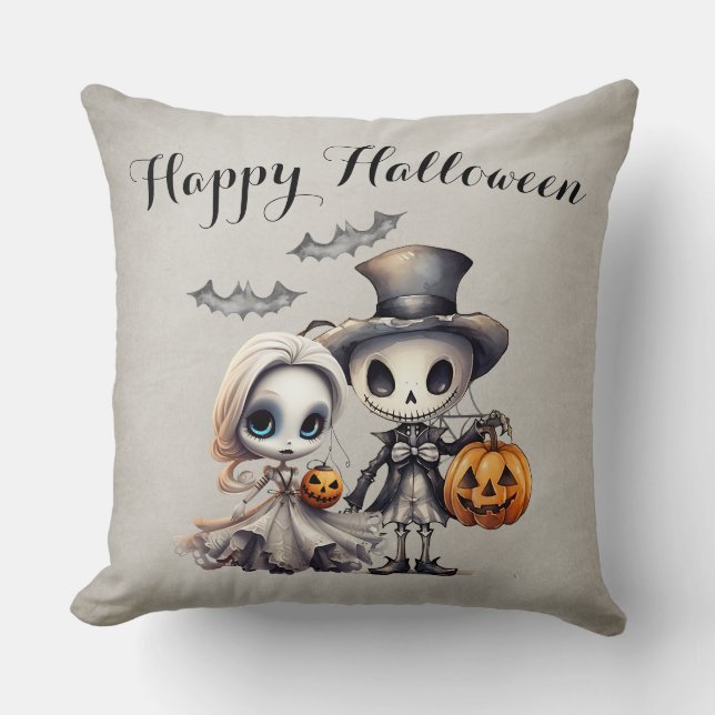 Skrämmande spöddocka och skelett Halloween Kudde (Framsida)