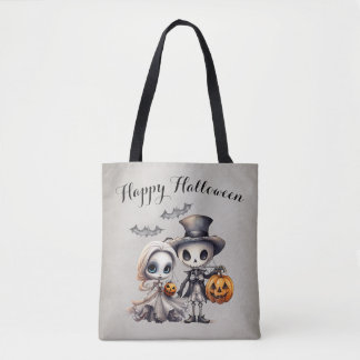 Skrämmande spöddocka och skelett Halloween Tygkasse